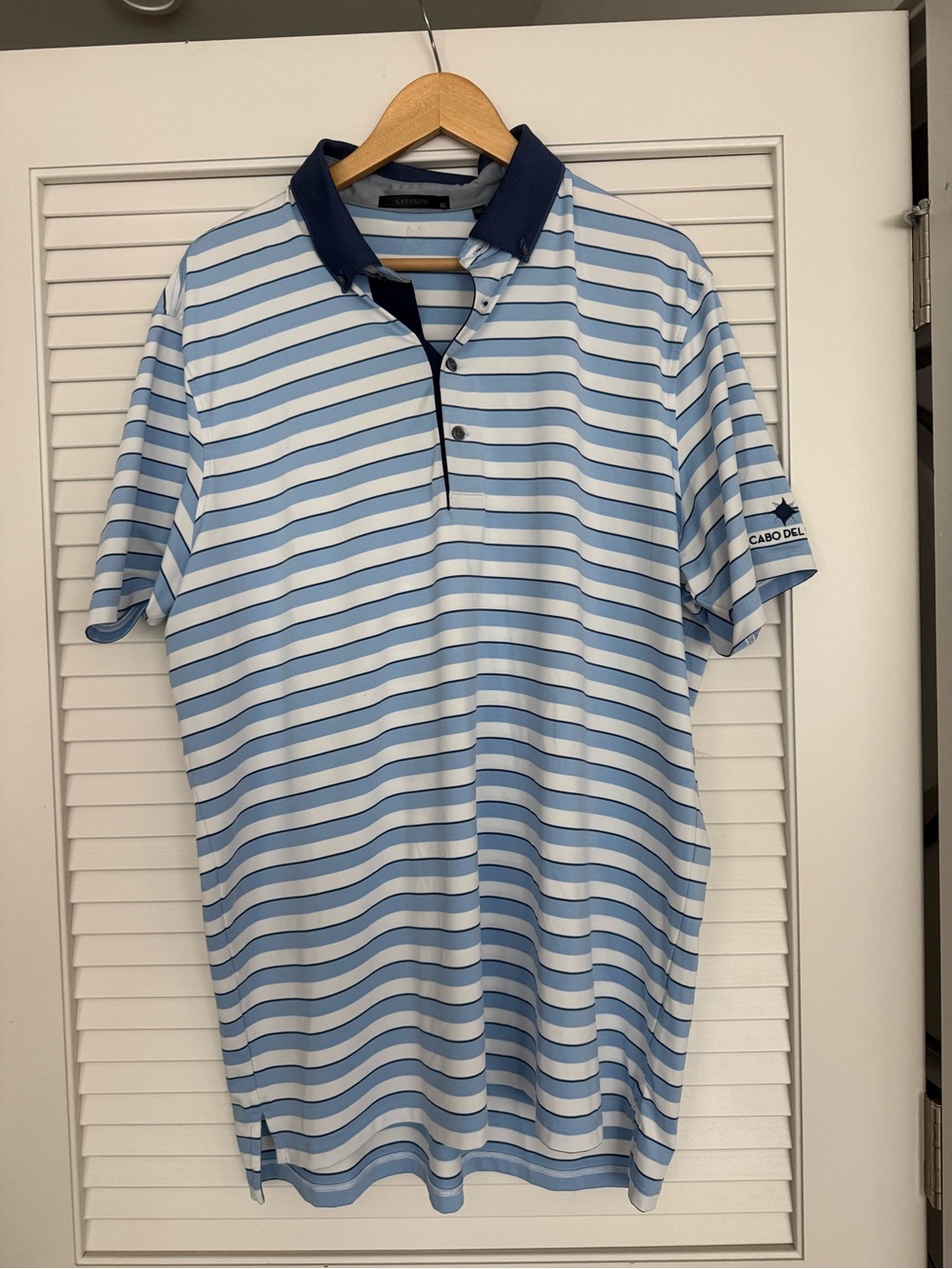 Greyson Light Blue & White Striped Polo with Navy Contrast Collar - Mens XL